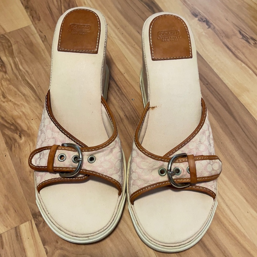 Pink coach platform wedges